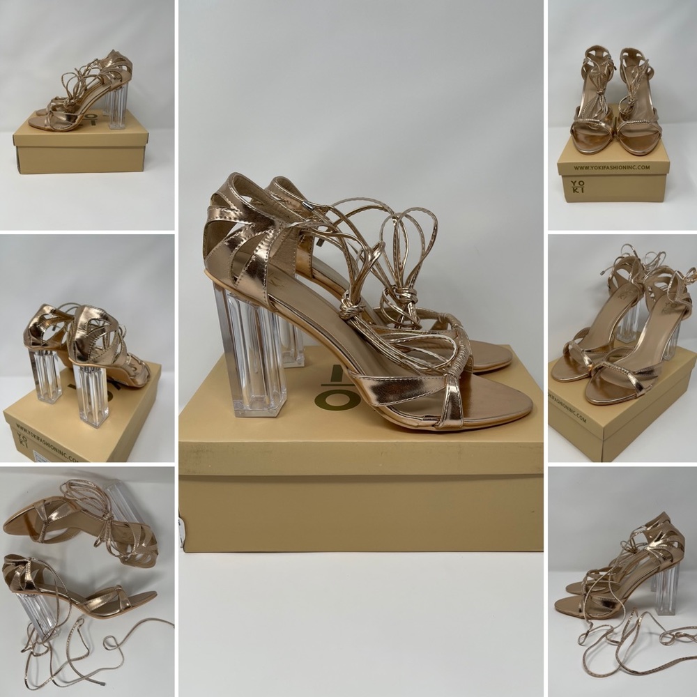 Metallic Chunky Heel Lace-Up Sandals